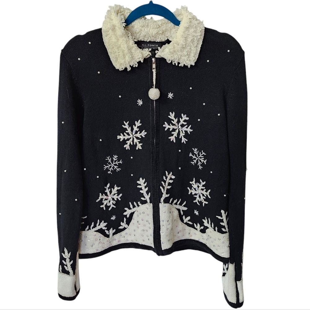 All Points Black and White Snowflake Ugly Christmas Sweater Zip Up. Sz. L